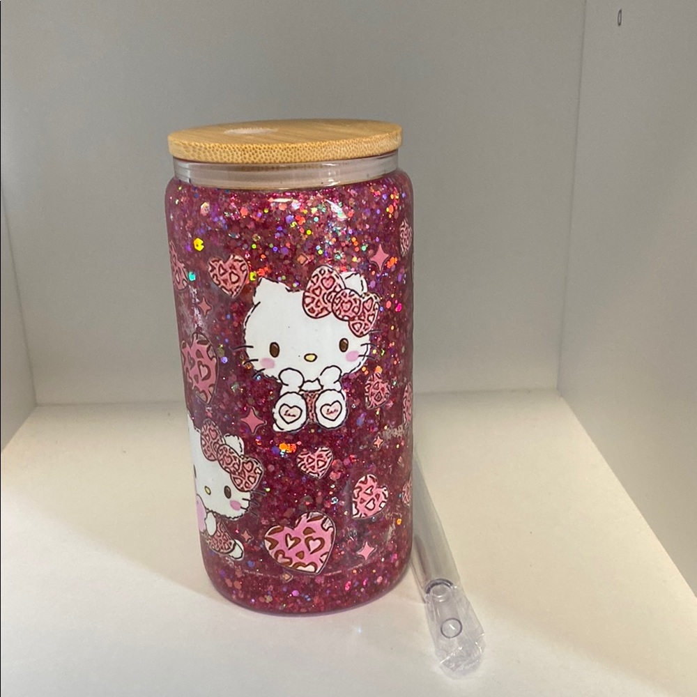 Snow Globe Pink Glitter Hello Kitty Tumbler with Straw